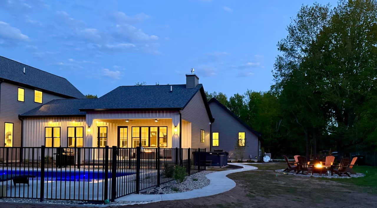 Back yard with pool, 2 gas fire pits, and large hot tub