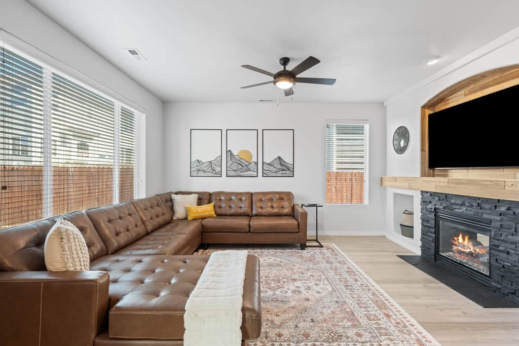 Beautiful living room with 70’” TV