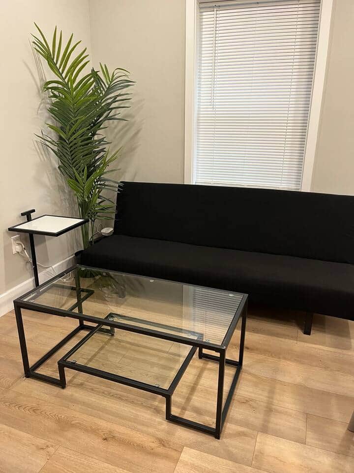 Living room with futon sofa bed and flat screen tv.