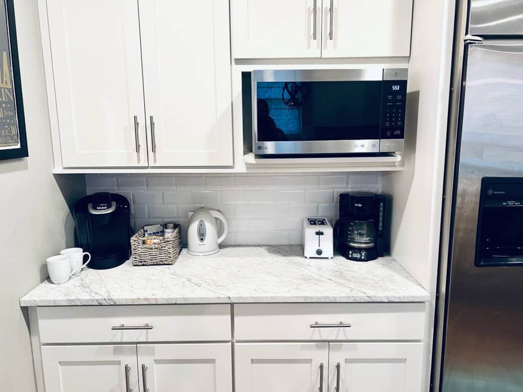 Coffee station.  We have a Keurig, a regular pot coffee maker, and a hot water kettle
