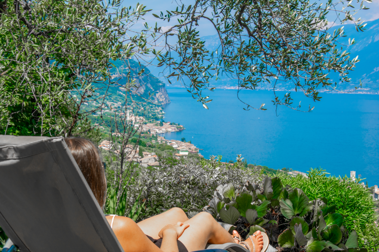 Panoramic lake view among olive trees and nature, total privacy above Toscolano Maderno on authentic Garda.