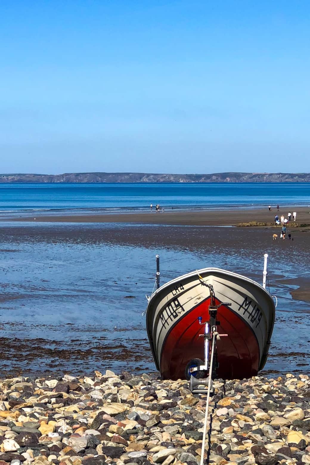 Little Haven beach. This boat goes out to collect the lobsters for Lobster & Mor cafe and deli.