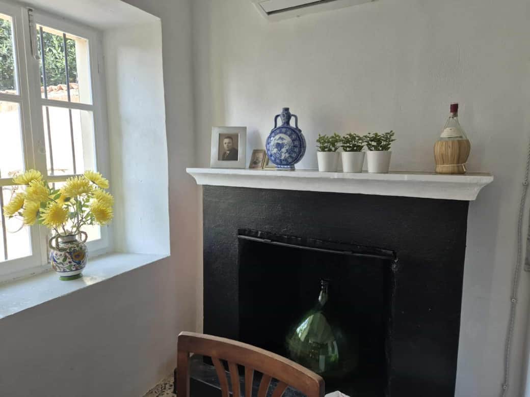 Fireplace in the eat in kitchen dining room