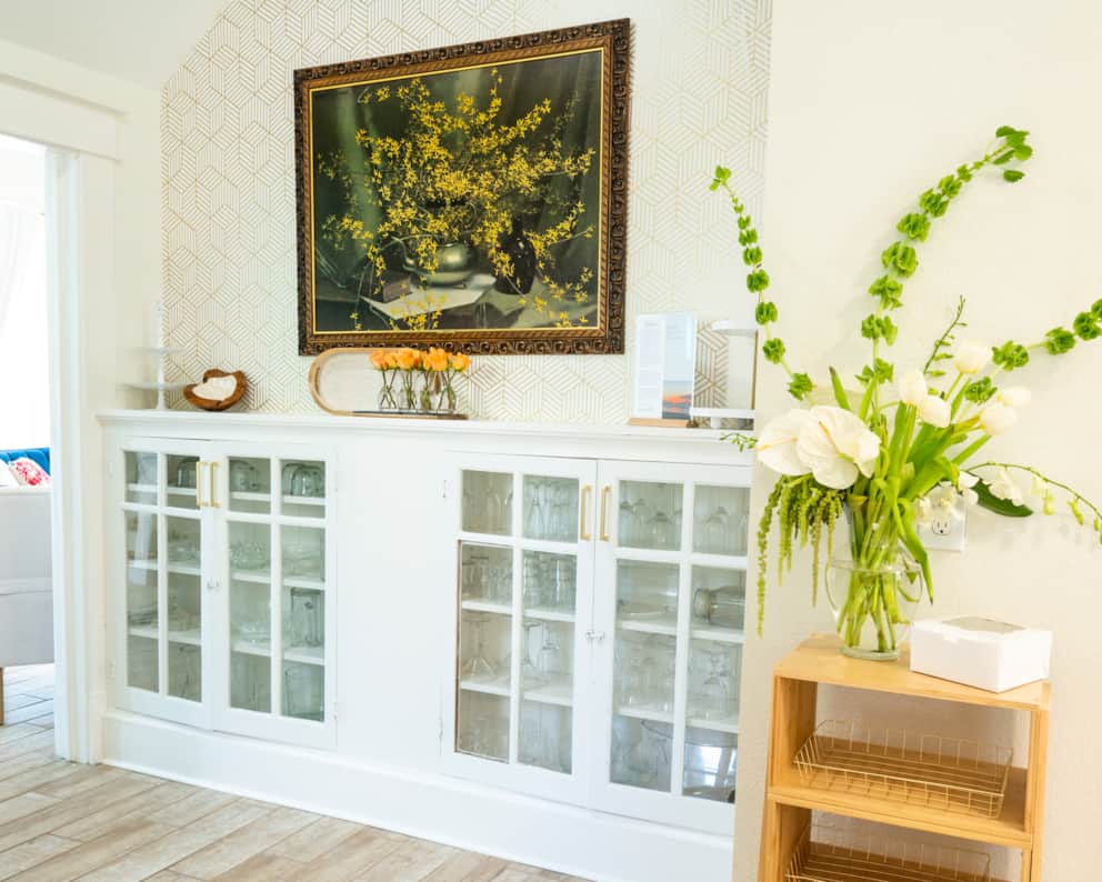 China Cabinet is available for guest use with a variety of drinkware, wine glasses, and entertaining pieces.