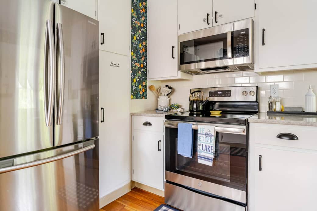Stainless look refrigerator, electric stovetop/oven and microwave. Stainless look refrigerator, electric stovetop/oven and microwave.