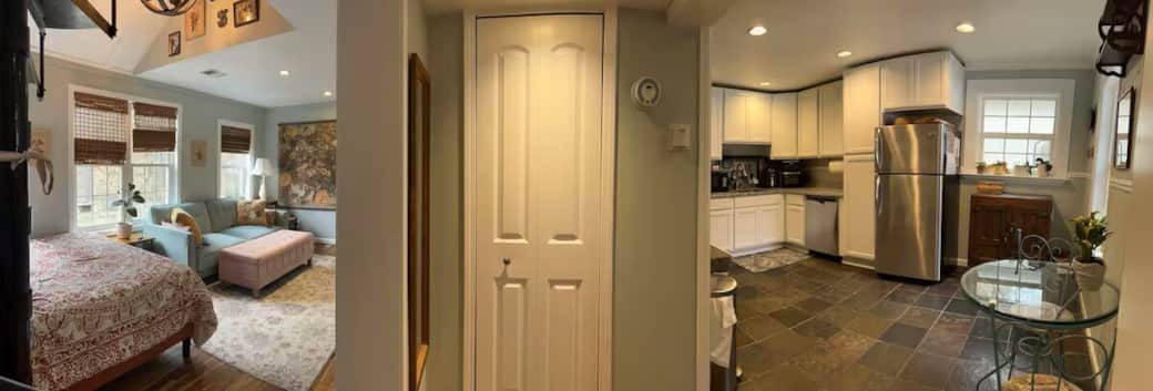 Wide-Angle View of Hallway, Living/Bedroom and Kitchen