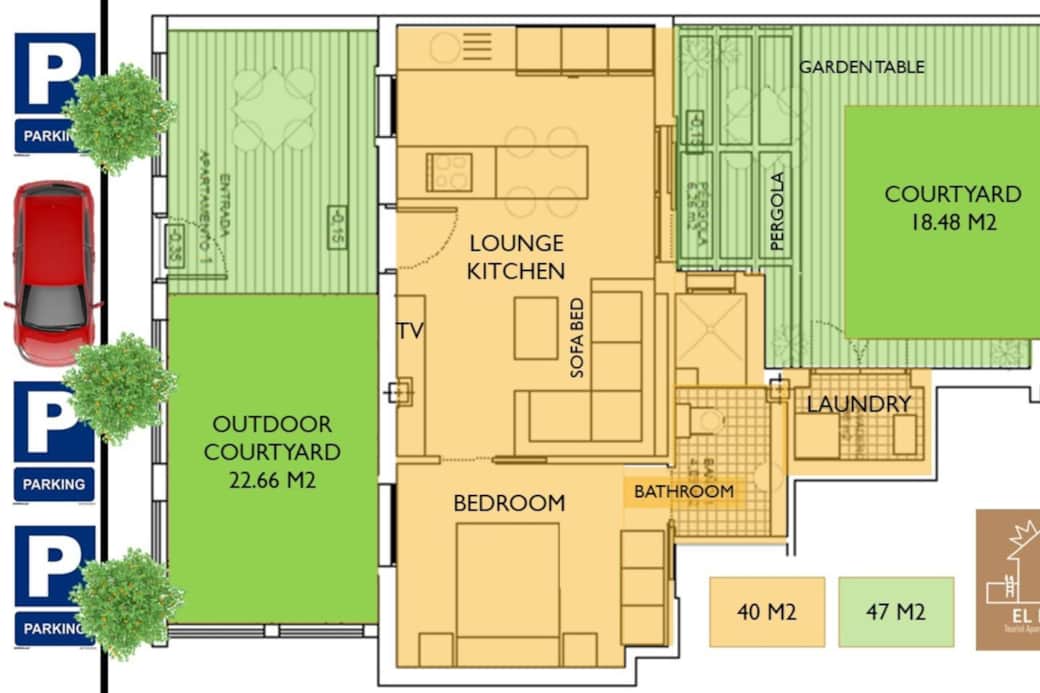 Plano del apartamento (40 m2) con los dos jardines (47 m2)
Total: 87 m2