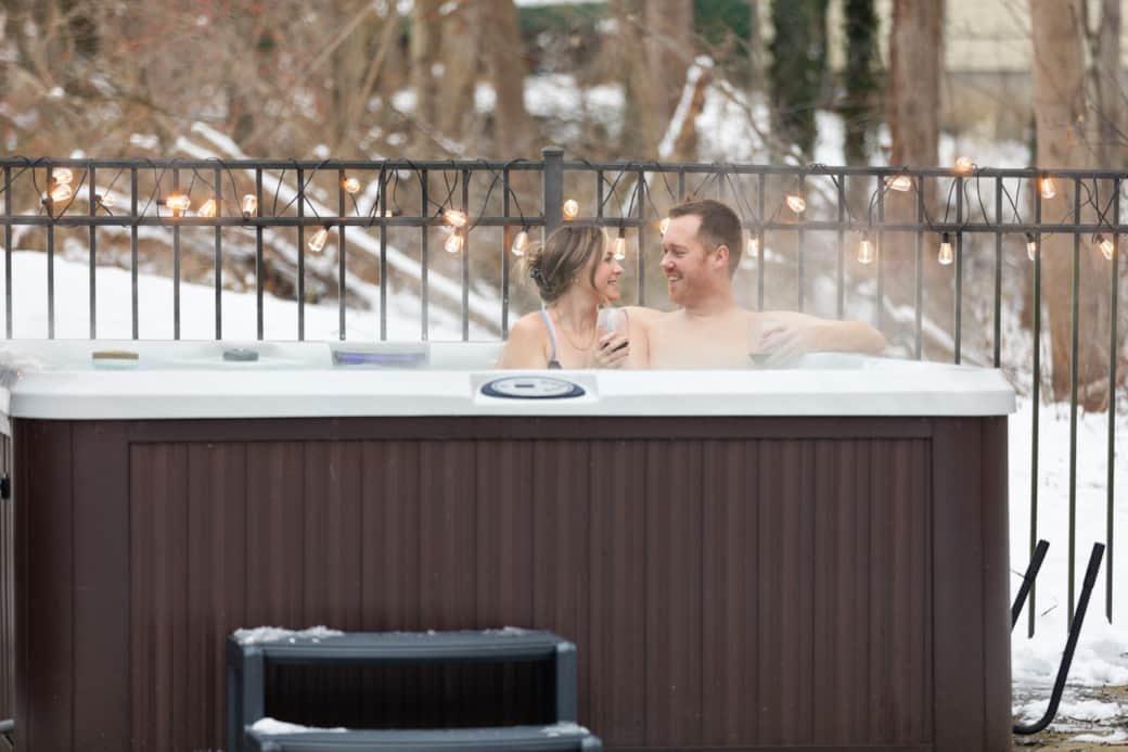 Relax in the hot tub surrounded by snowflakes for the perfect winter retreat! Relax in the hot tub surrounded by snowflakes for the perfect winter retreat!