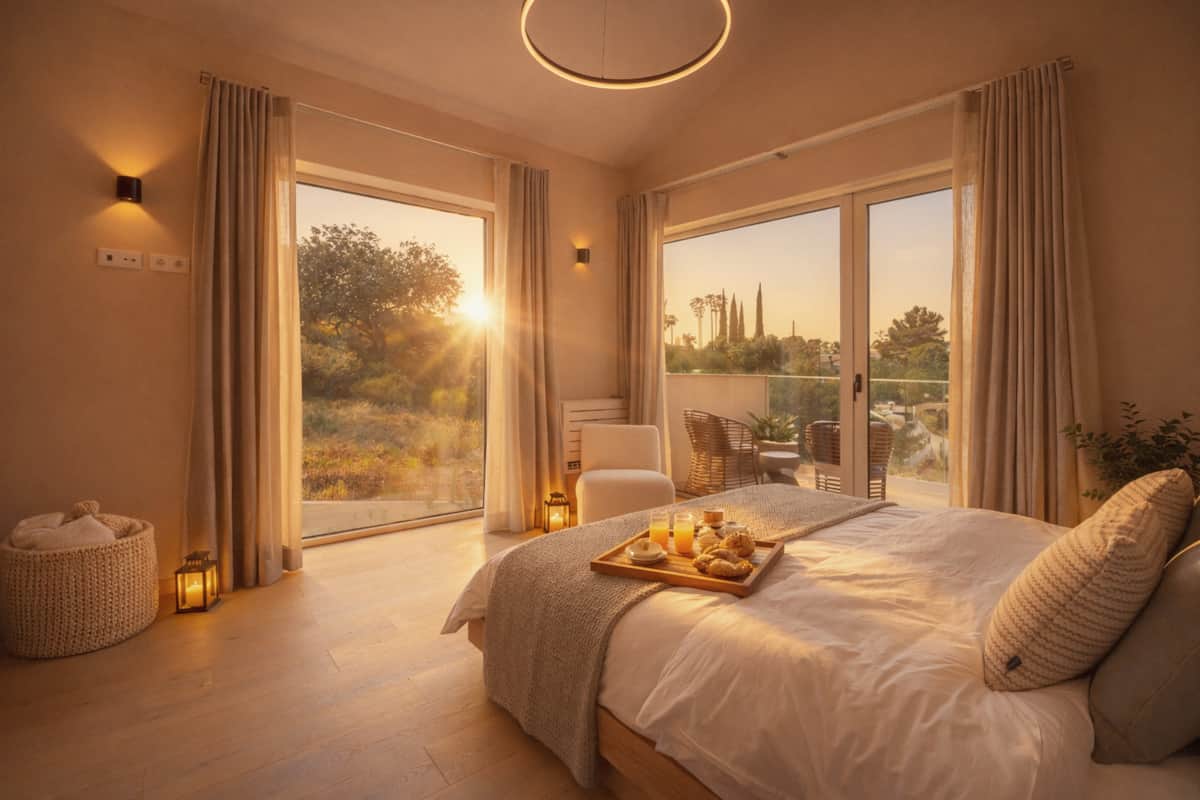 Master suite of Villa Medusa Paraiso opening onto its terrace at sunset