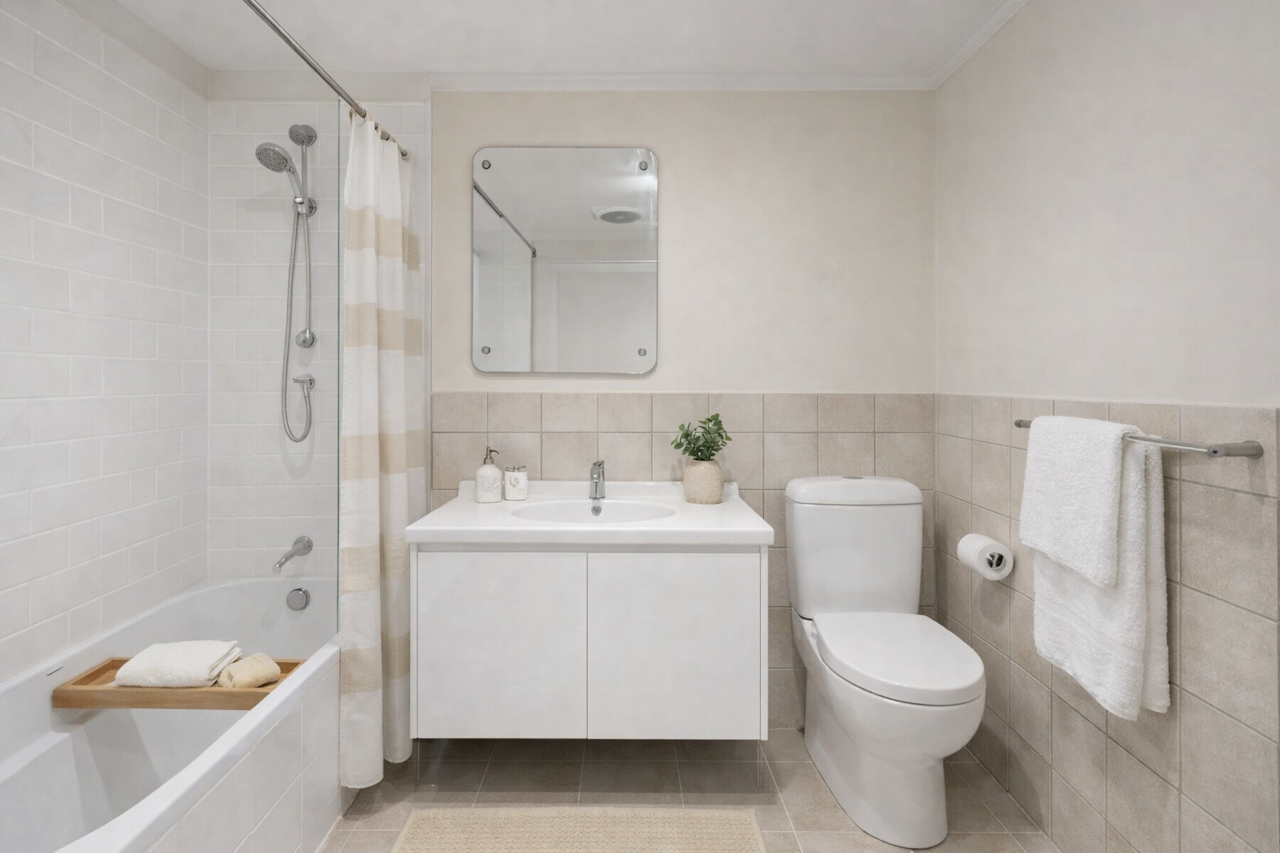 Clean, minimalist bathroom with shower-over-tub convenience