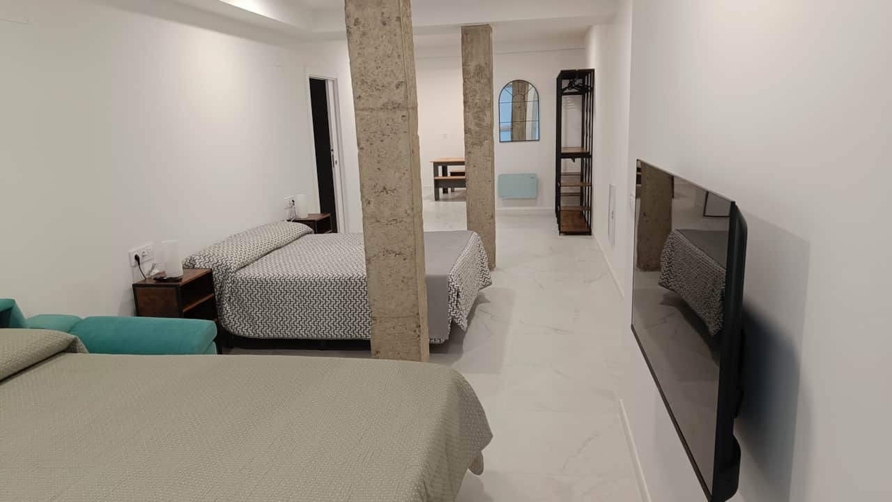 Vista general del dormitorio con televisión y columnas