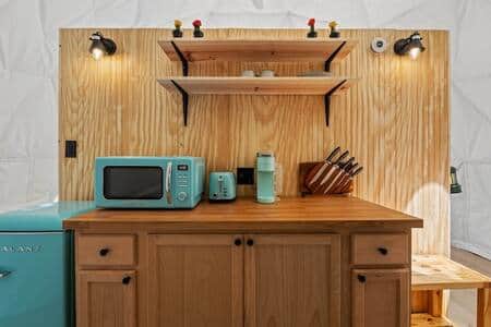 Microwave, toaster, K-cup coffee, mini fridge 