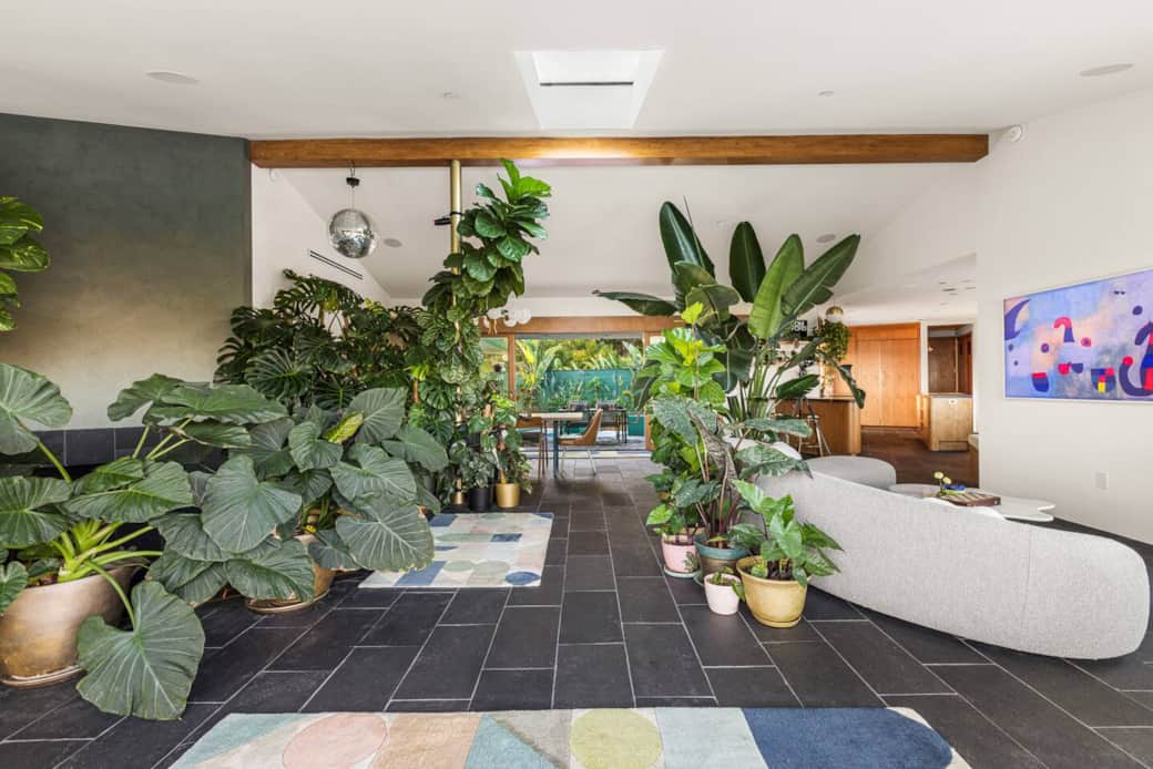 A lush welcome - plants, skylights, and cozy seating set the stage for relaxation or gatherings. A lush welcome - plants, skylights, and cozy seating set the stage for relaxation or gatherings.