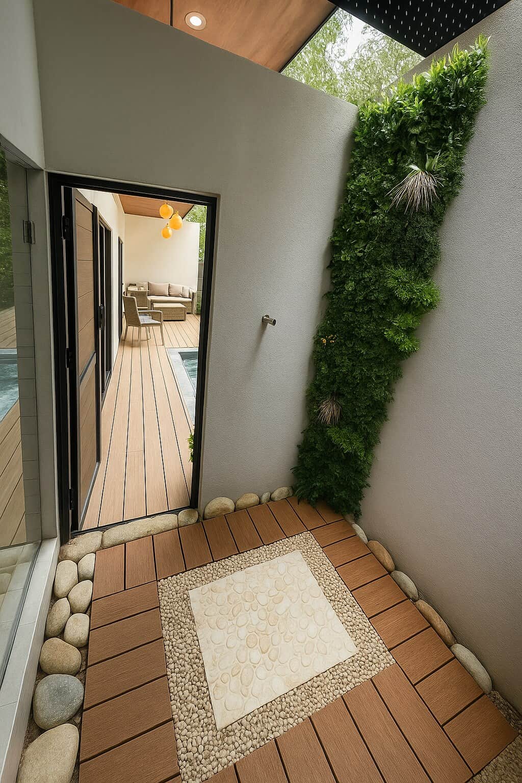 Outside shower with bathroom and pool deck access