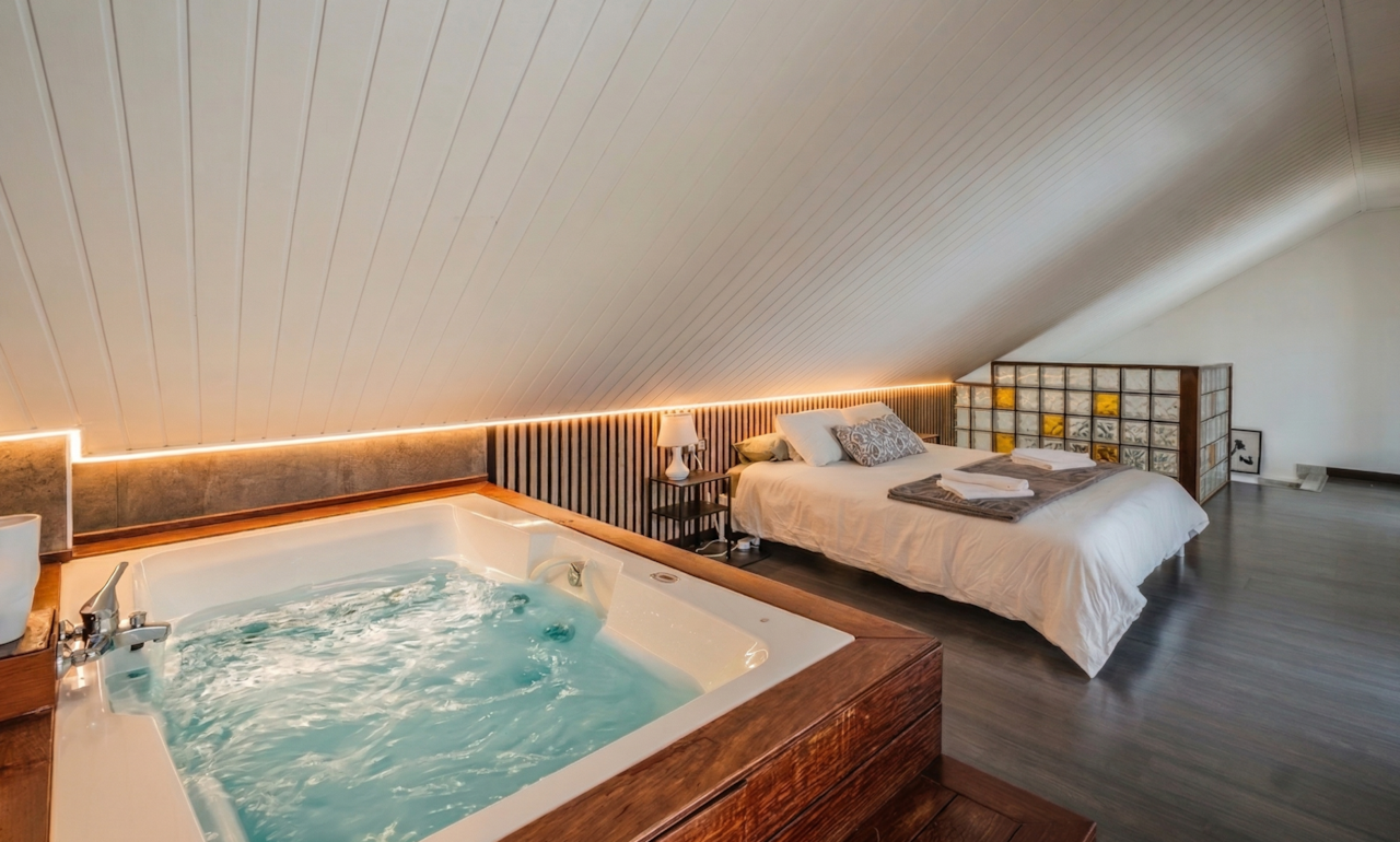 Suite abuhardillada con jacuzzi privado junto a la cama