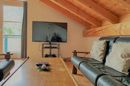 TV und Balkonzugang zum großen Ostbalkon im Wohnbereich