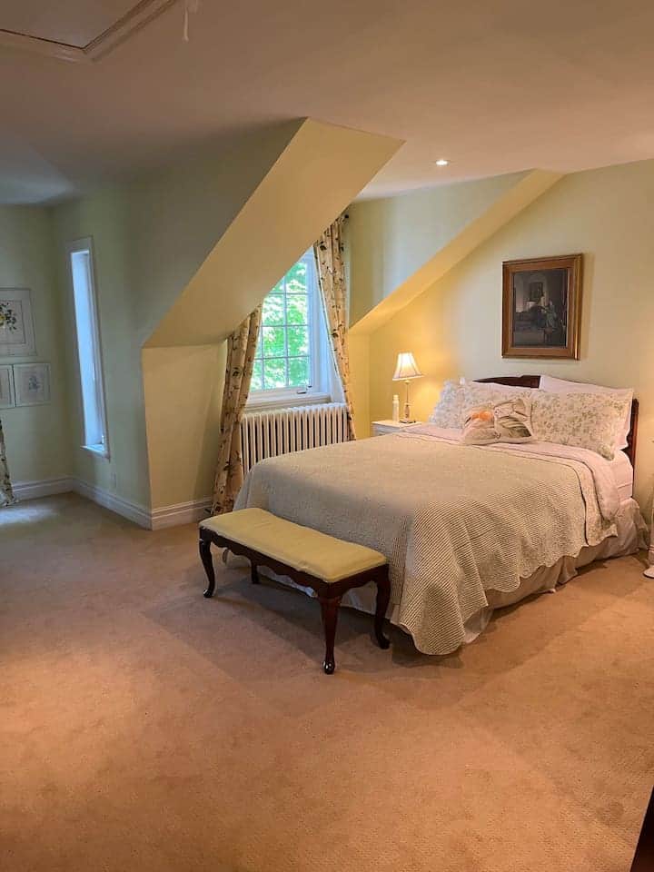 The Maples Bedroom Suite overlooks 2 majestic maple trees. Air conditioned.  Keyed lockable privacy door. Frosted Glass privacy bathroom with soaker tub & separate glass shower. Marble sink. Secret tower room above. Armoire.