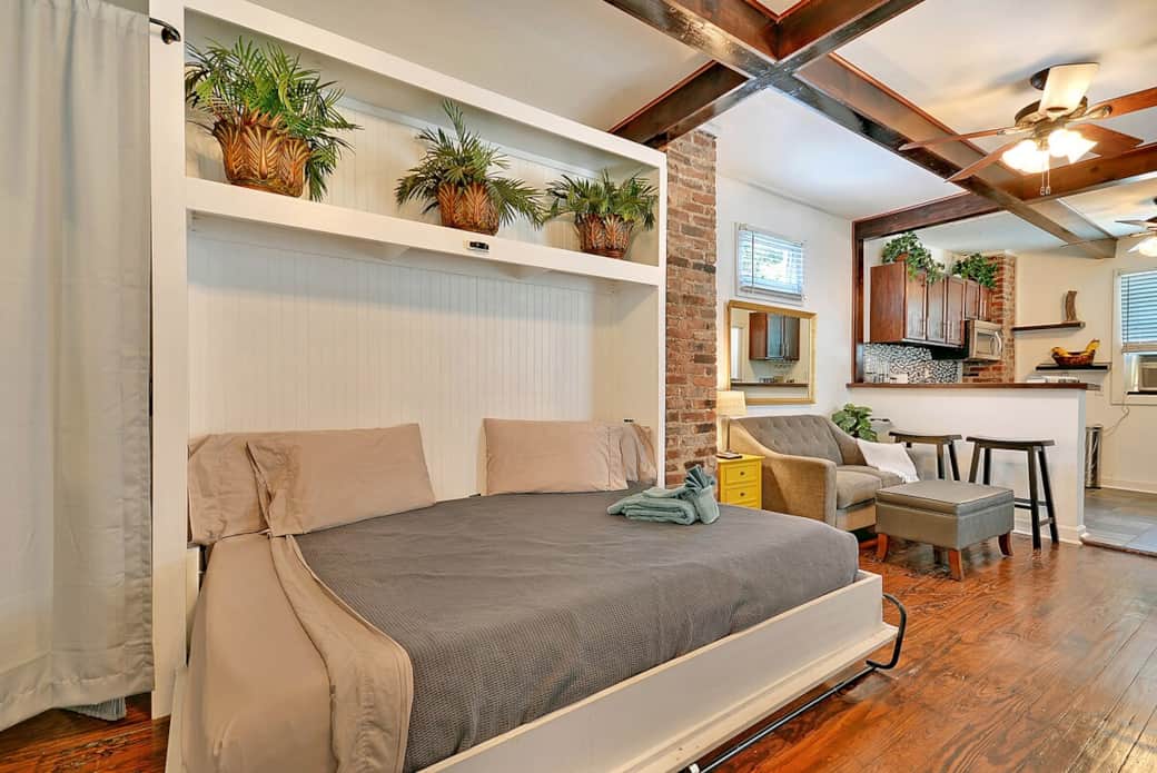Guests love our comfortable queen sized Murphy bed. Guests love our comfortable queen sized Murphy bed.