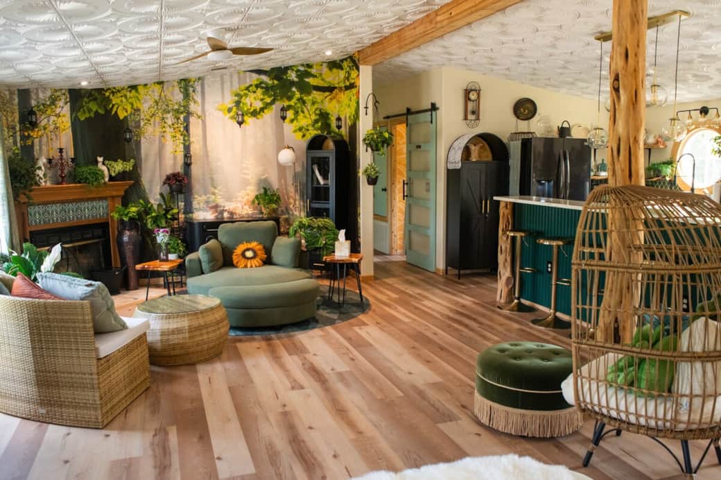 The Sanctuary is the heart and soul of the land, a beautiful event space with versatile, lightweight furniture ready to adapt to any gathering—be it classes, ceremonies, dancing, or cozy moments in front of a real wood-burning fire.