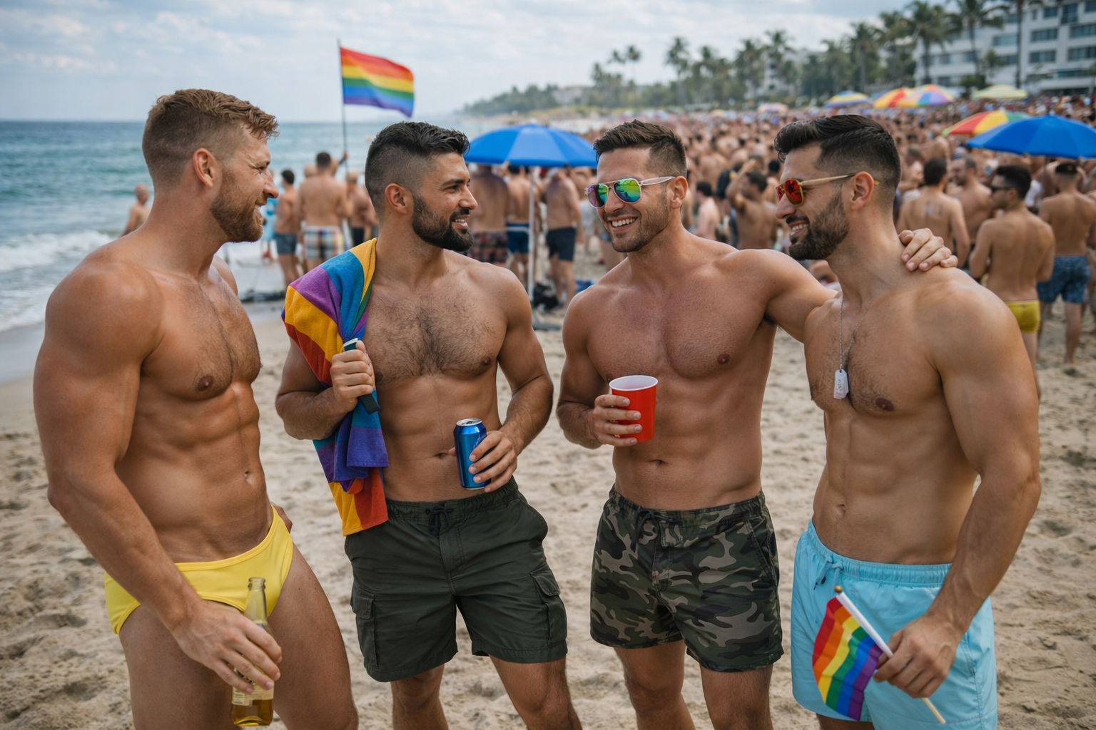 Pre-Pride weekend in Fort Lauderdale—men enjoying beach vibes just minutes from Casa Citron, now booking for an early summer celebration stay.