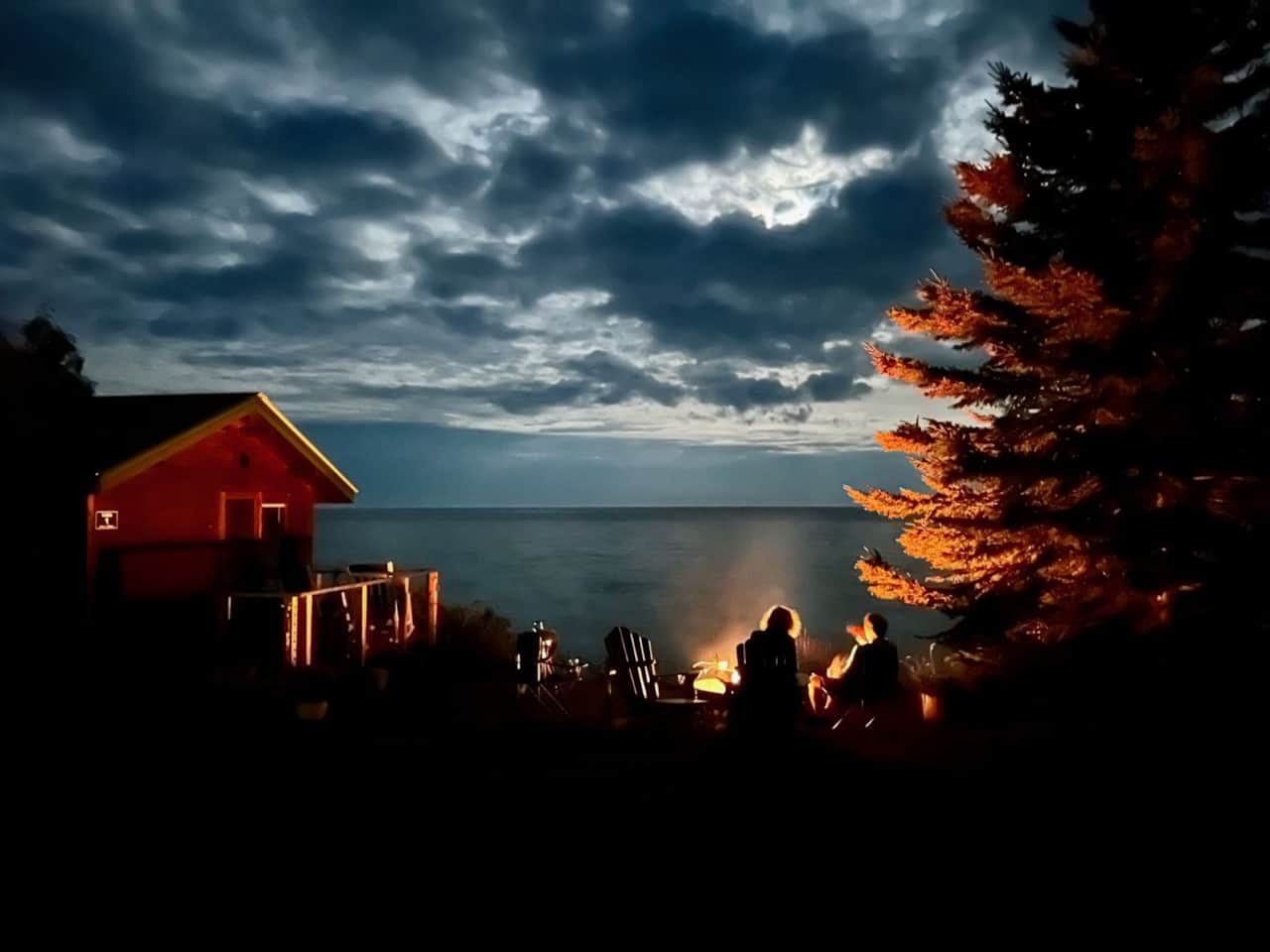 Firepit with moonlight on Lake Superior