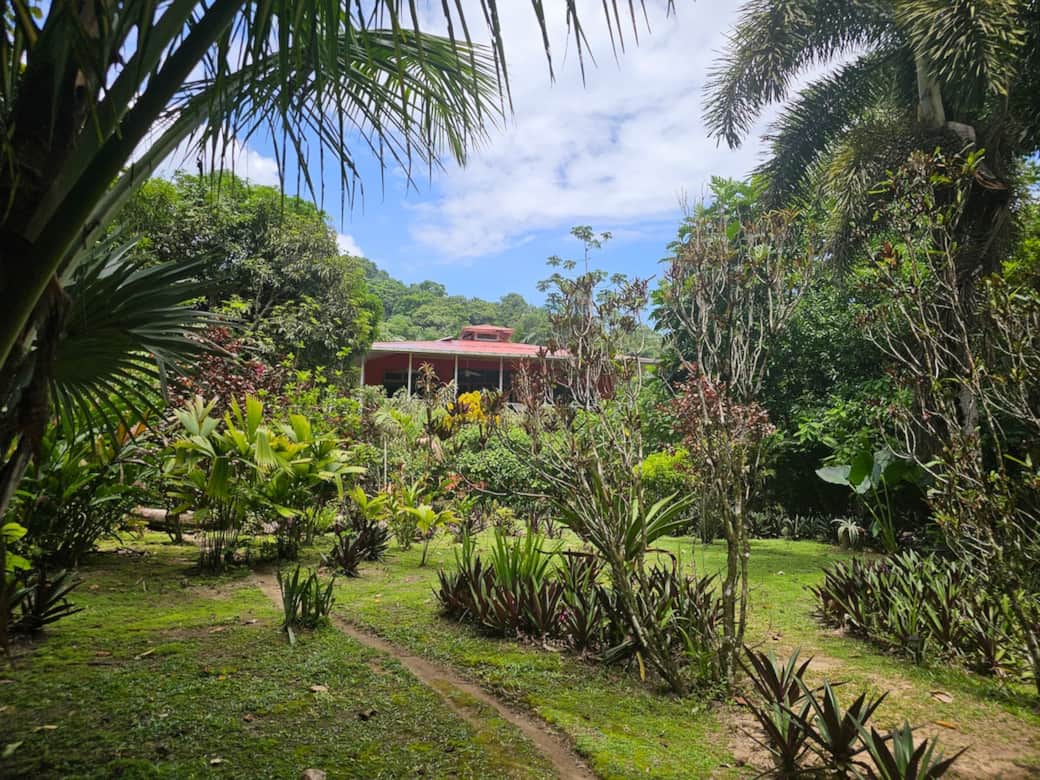 Front view of the home surrounded by mature tropical plants. The second-floor balcony with ceiling fans overlooks the garden, creating a relaxed Caribbean atmosphere near Bluff Beach.
