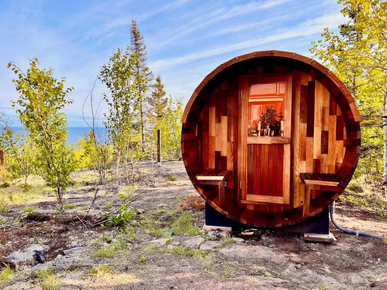 Panoramic cedar barrel sauna (electric) overlooking Lake Superior
