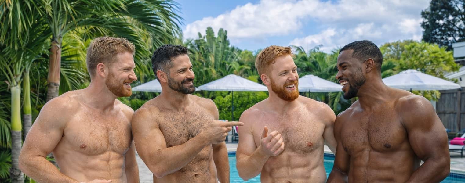Four athletic men relaxing by the pool at Casa Citron, a clothing-optional gay men’s guesthouse in Fort Lauderdale, enjoying a sunny tropical day after working out.