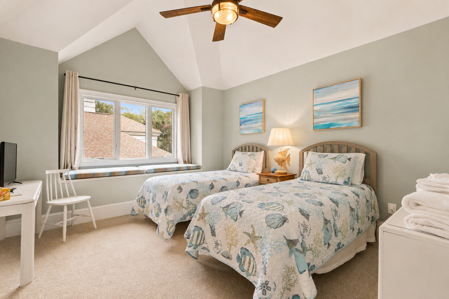 Curl up on the window seat bench or spread work out on the desk nearby