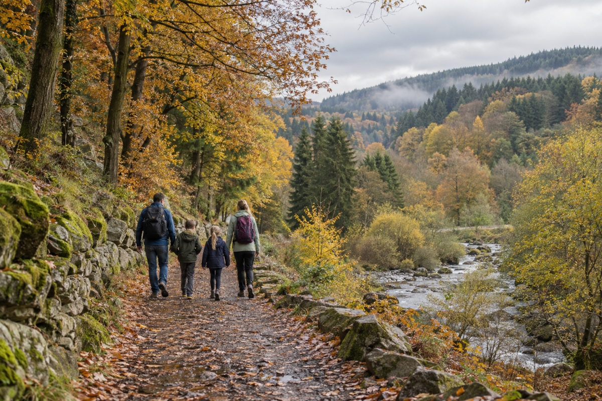 Family enjoying an autumn walk in the Ardennes near Malmedy