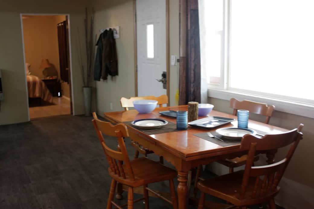 Dining area with open curtains
