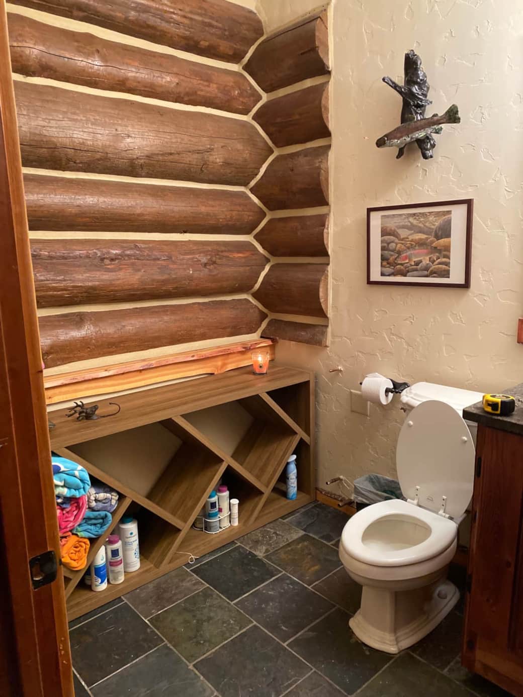 Half Bath, near back porch with hot tub towels and supplies Half Bath, near back porch with hot tub towels and supplies