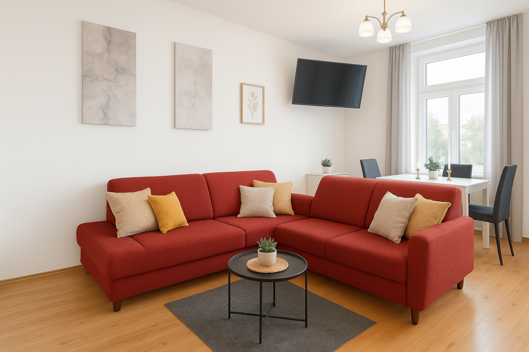 Helles Wohnzimmer mit rotem Sofa 