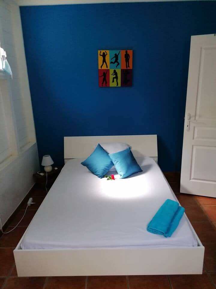 La chambre bleue, composée d'un lit double, avec une vue sur l'arrière du jardin
