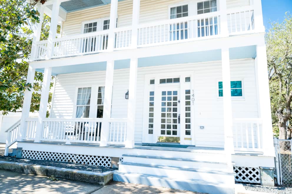 White Magnolia Galveston courtyard at sunset