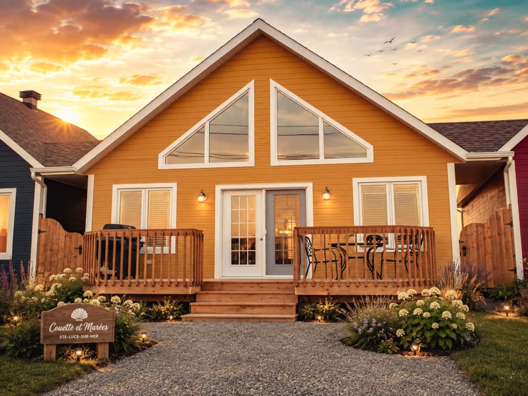 Extérieur du chalet : Façade du chalet jaune avec son architecture accueillante.