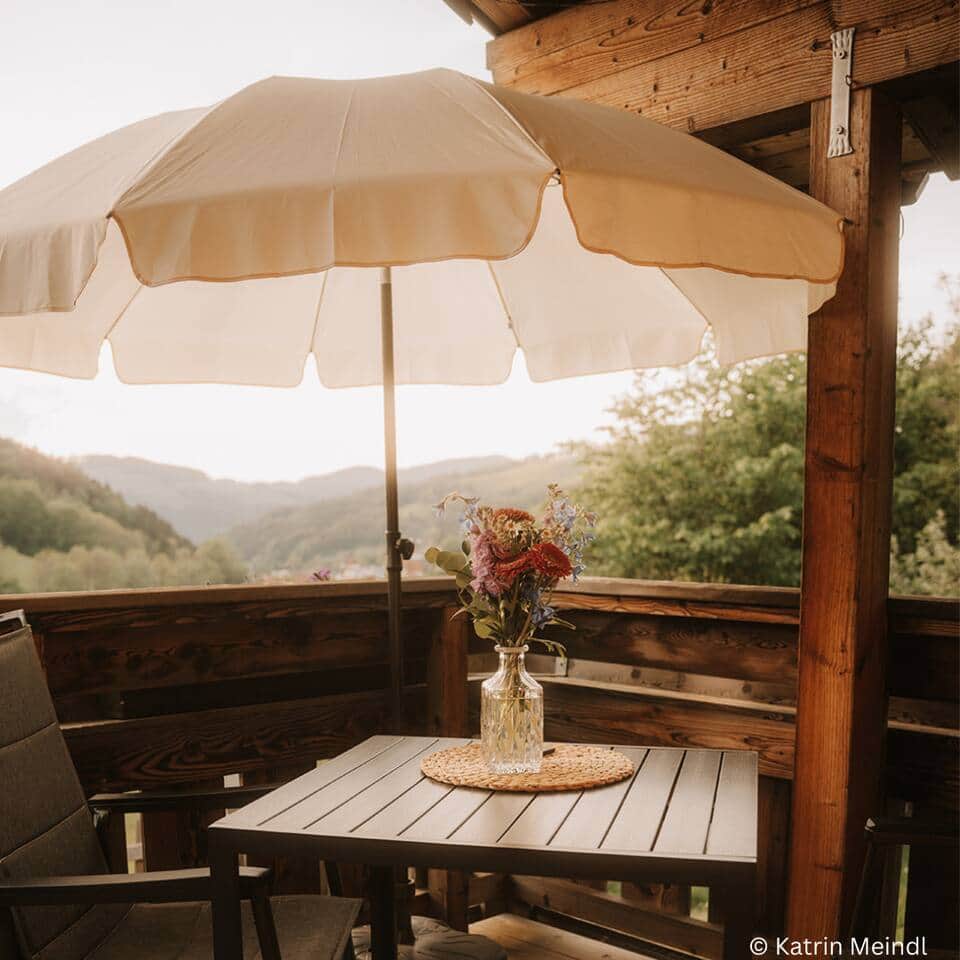 Die überdachte Terrasse sorgt dafür, dass du bei jedem Wetter draußen sitzen kannst! Von hier hast du den besten Blick ins Tal und auf den Sonnenuntergang. Naturliebhaber entspannen hier beim Rehe beobachten und gönnen sich eine erholsame Auszeit. 