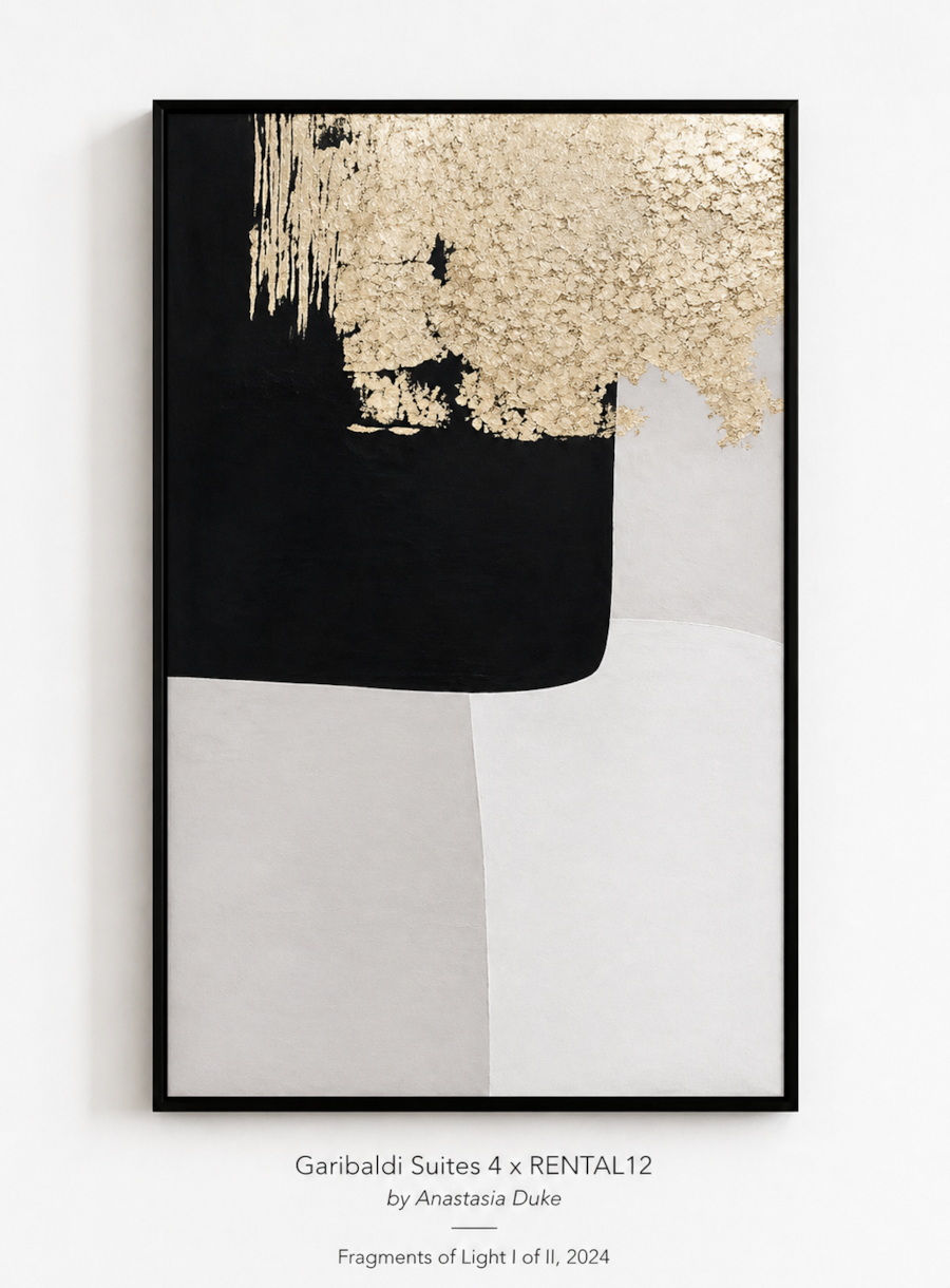 Fragments of Light Panel I of III — gold, black, grey and white framed panel from the Via Cavour 41 triptych in Olbia