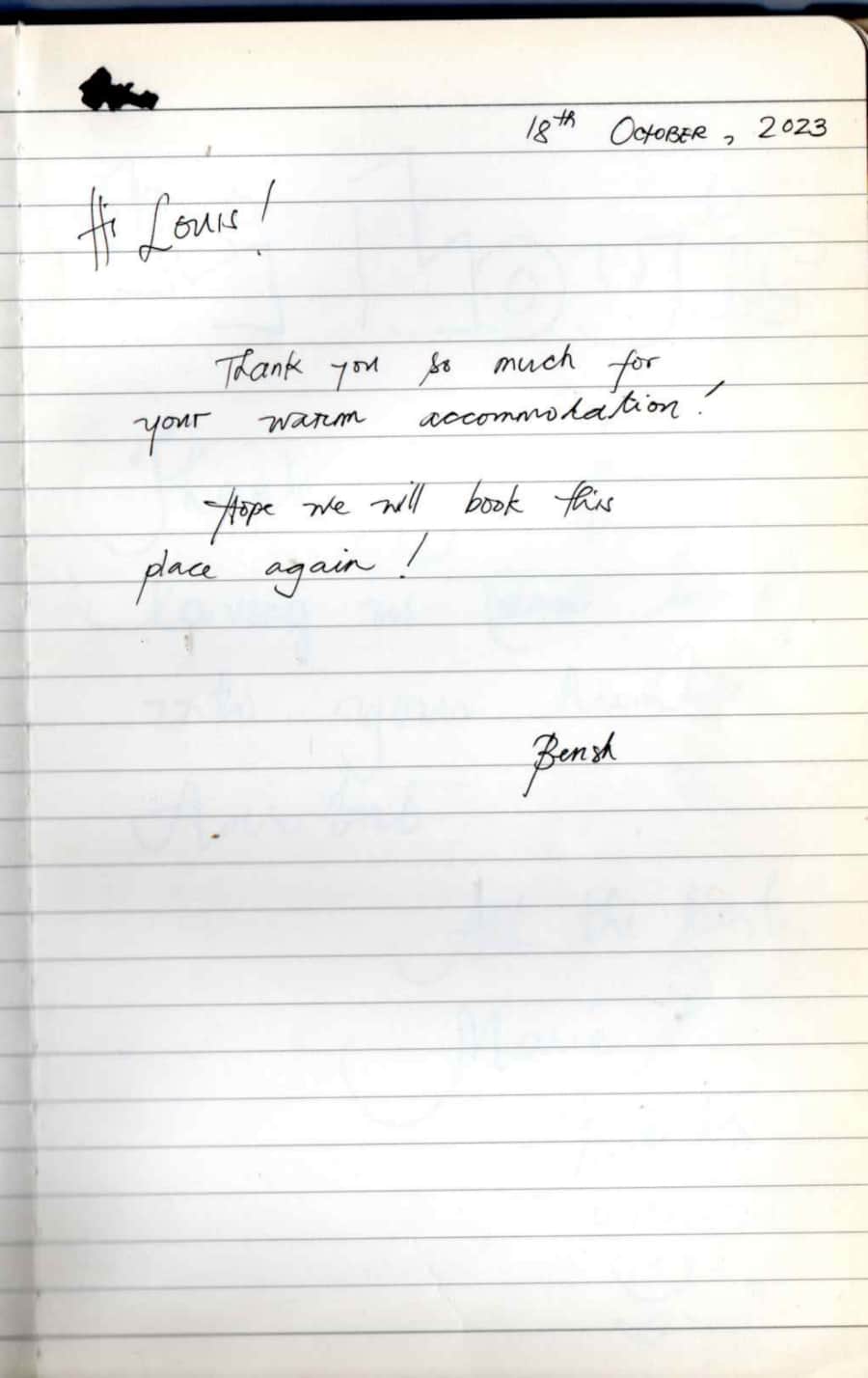 Handwritten guest note from Raya P09 guest book
