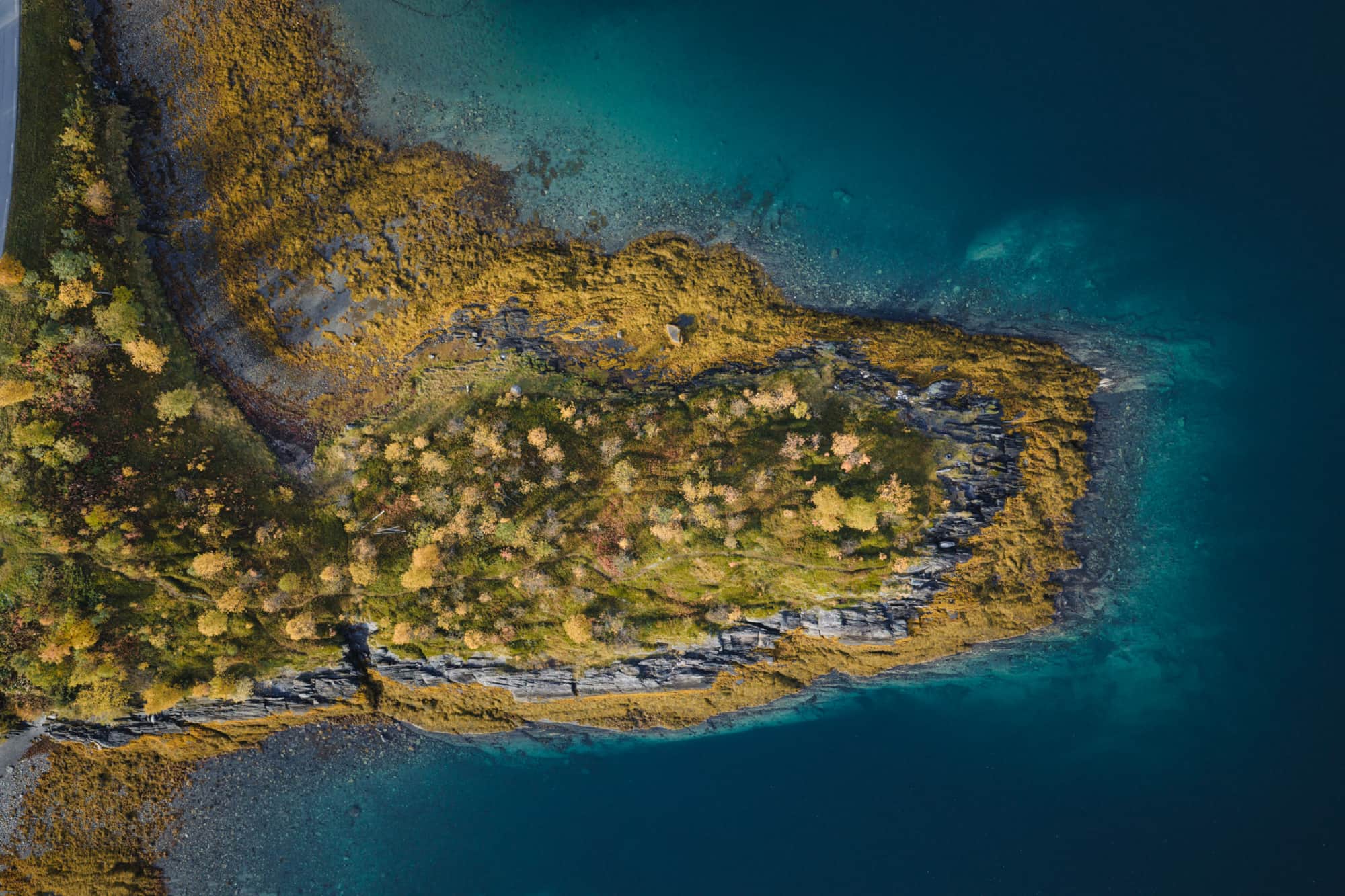 Luftbild: Landzunge im türkisen Ullsfjord, Herbstfarben