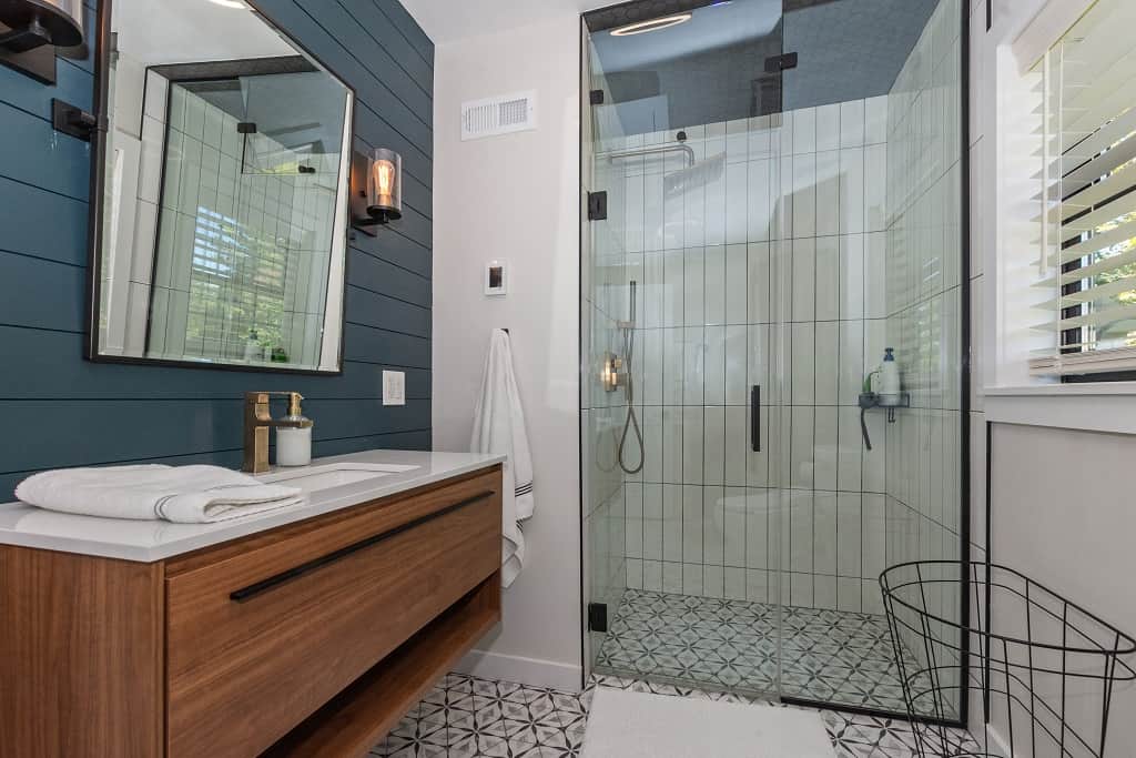 Renovated bathroom with modern fixtures at Lisbon Pond Retreat, CT. Renovated bathroom with modern fixtures at Lisbon Pond Retreat, CT.