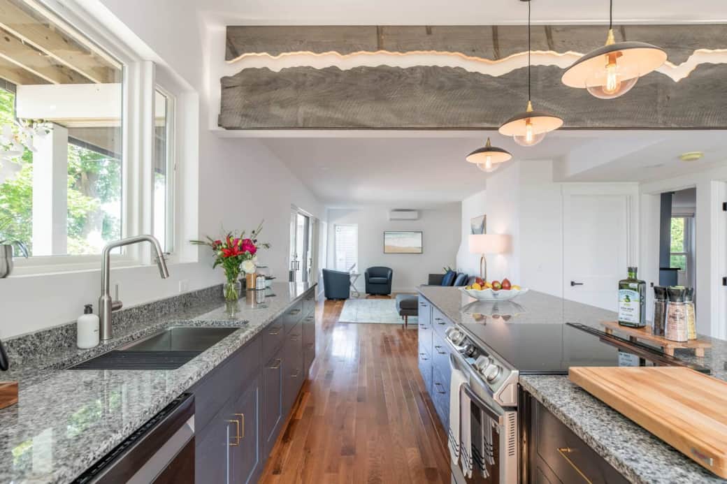 This open concept space allows for making a meal and enjoying company at the same time.