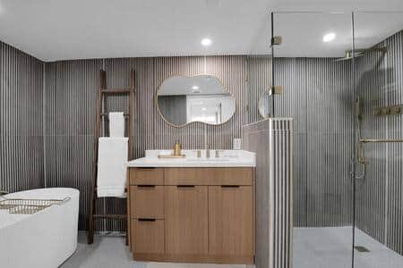 Master bathroom, separate stand alone bathtub and walk in shower