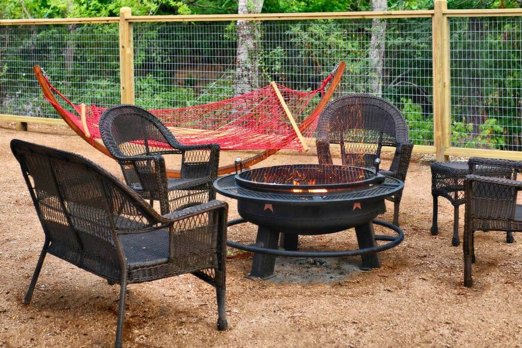 Each cabin come with its own fire pit, outdoor furniture and hammock. Each cabin come with its own fire pit, outdoor furniture and hammock.