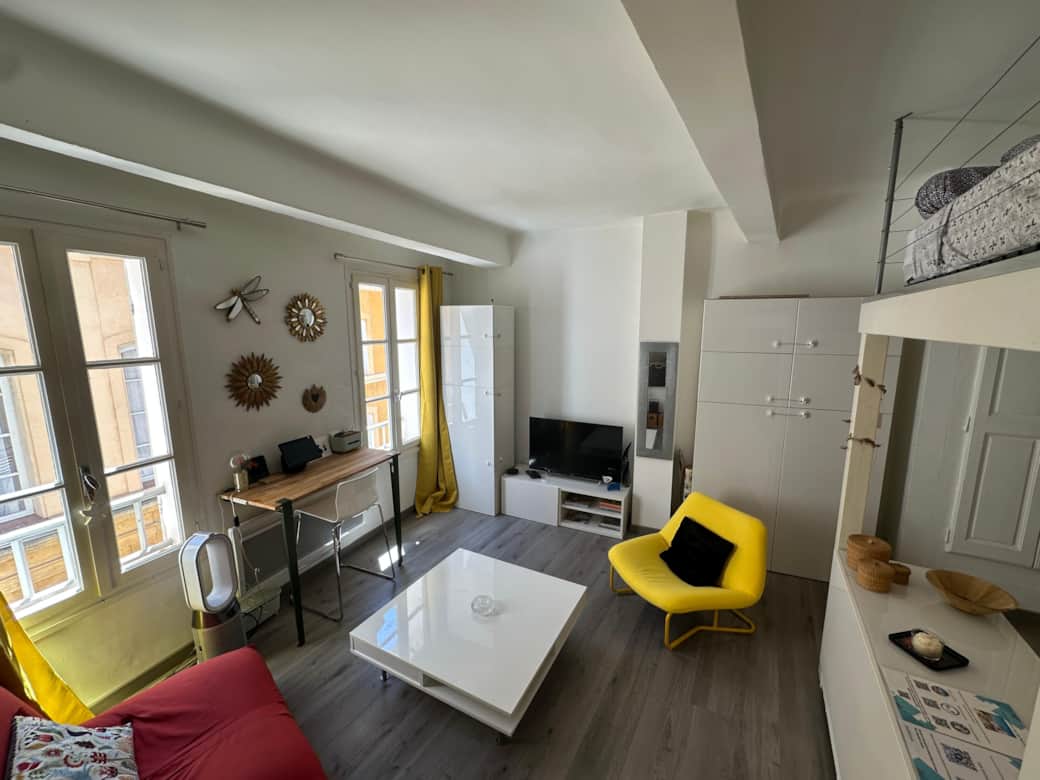 living room, TV, sofa, bed, mezzanine