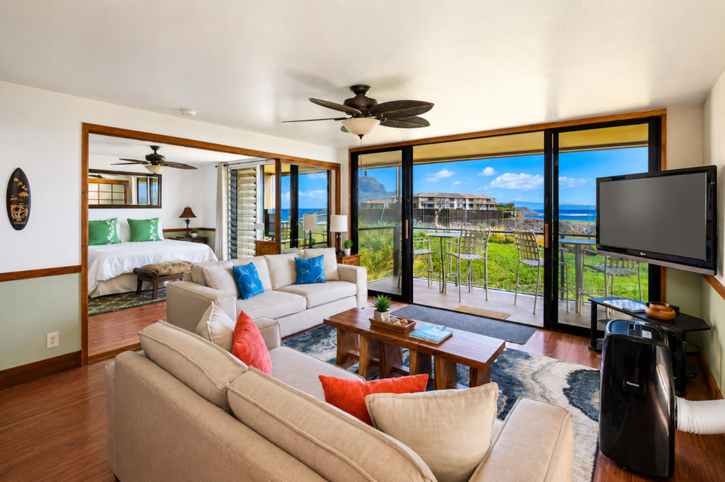 Comfortable living area opening to the ocean-view lanai.