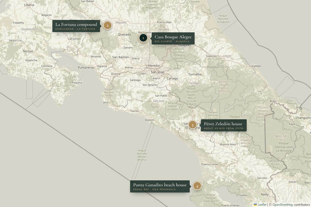 Map of Costa Rica with four numbered pins at area level: 1 Casa Bosque Alegre near Río Cuarto, Alajuela; 2 the La Fortuna compound in Chachagua; 3 a house near Pérez Zeledón, about 45 minutes from Uvita; 4 the Punta Ganadito beach house near Drake Bay on the Osa Peninsula.