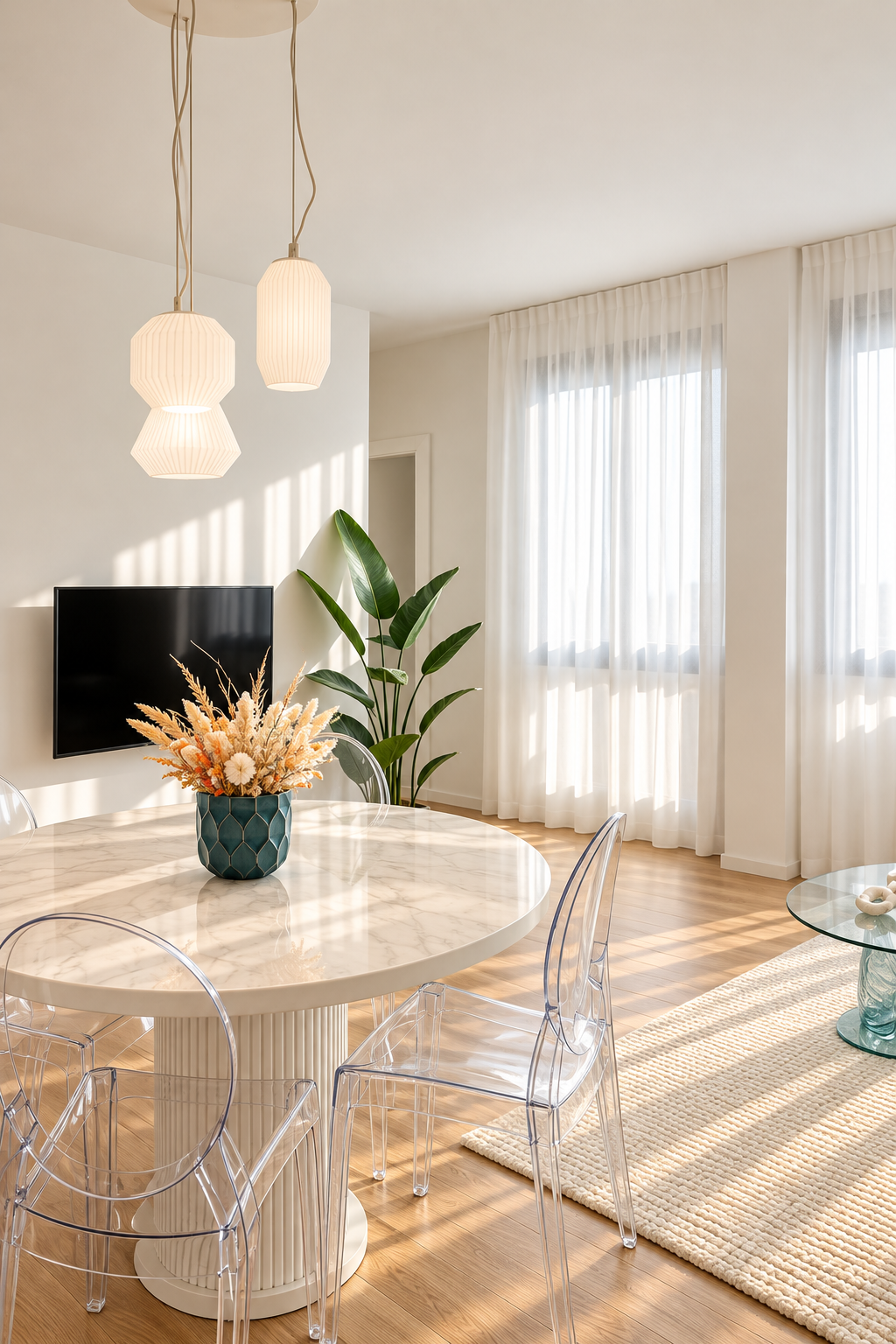 Interno moderno con tavolo marmoreo e vaso turchese