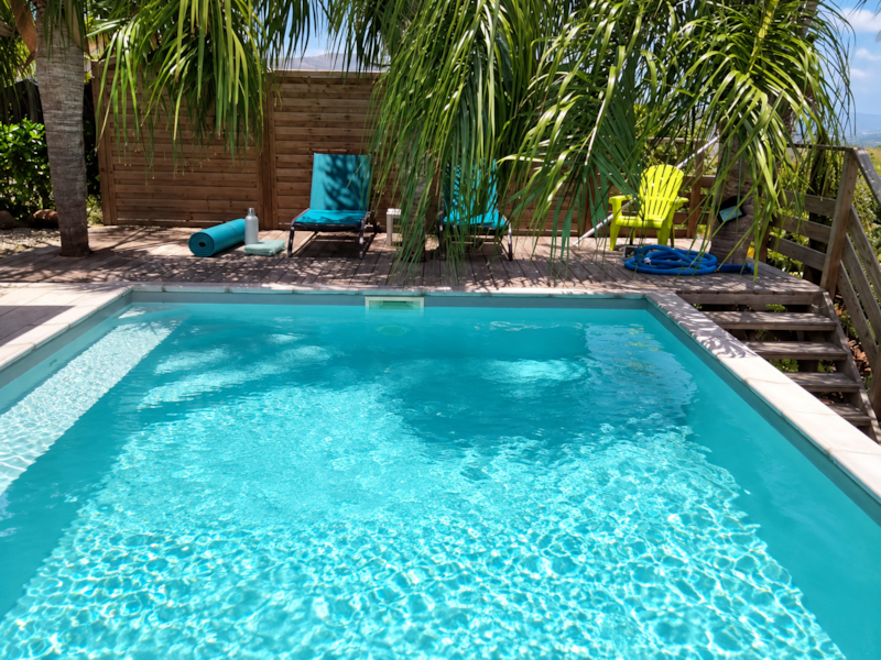 Transats au bord de la piscine pour une journée détente à la Villa Fleurs à Papillons