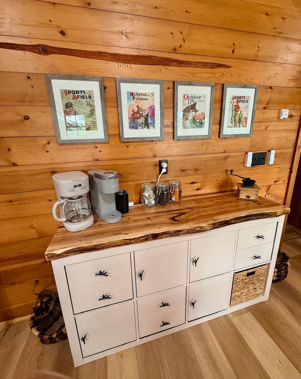The coffee bar includes a coffee maker, coffee bean grinder and Keurig. You'll be supplied with a starter pack of coffee, tea bags and K-cups. 